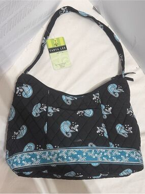 Black Quilted Shoulder Bag with Teal Paisley Accents